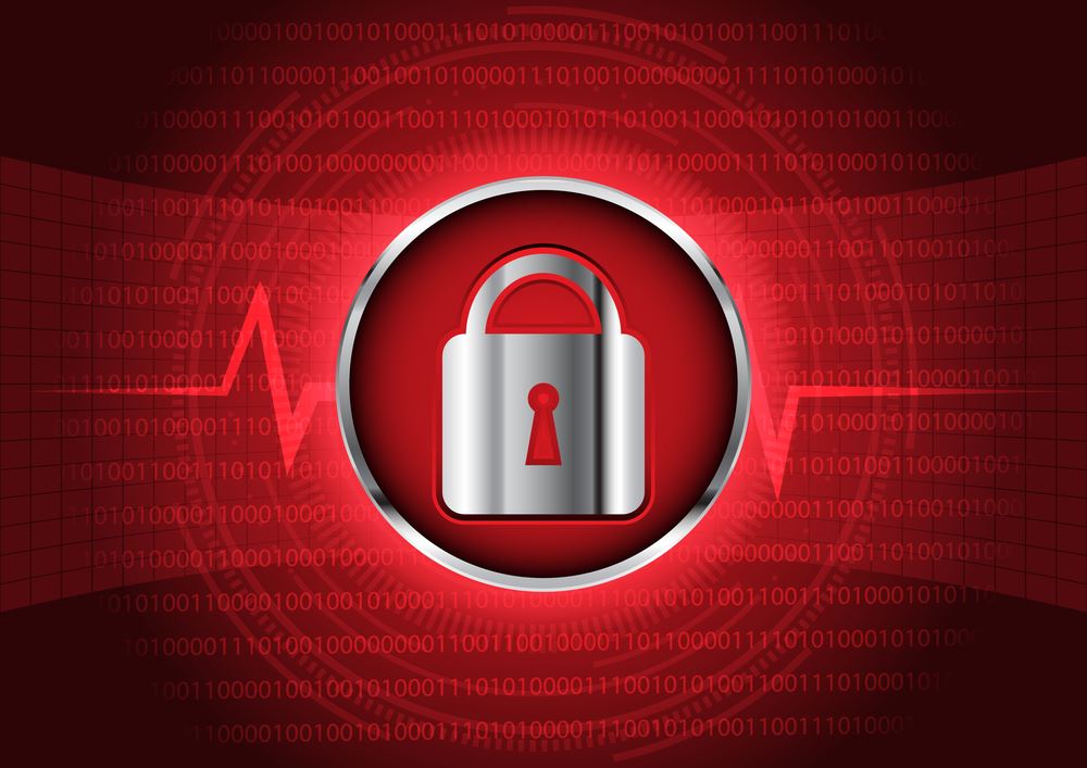 Cybercrime alert concept: Red background with silver lock in the middle