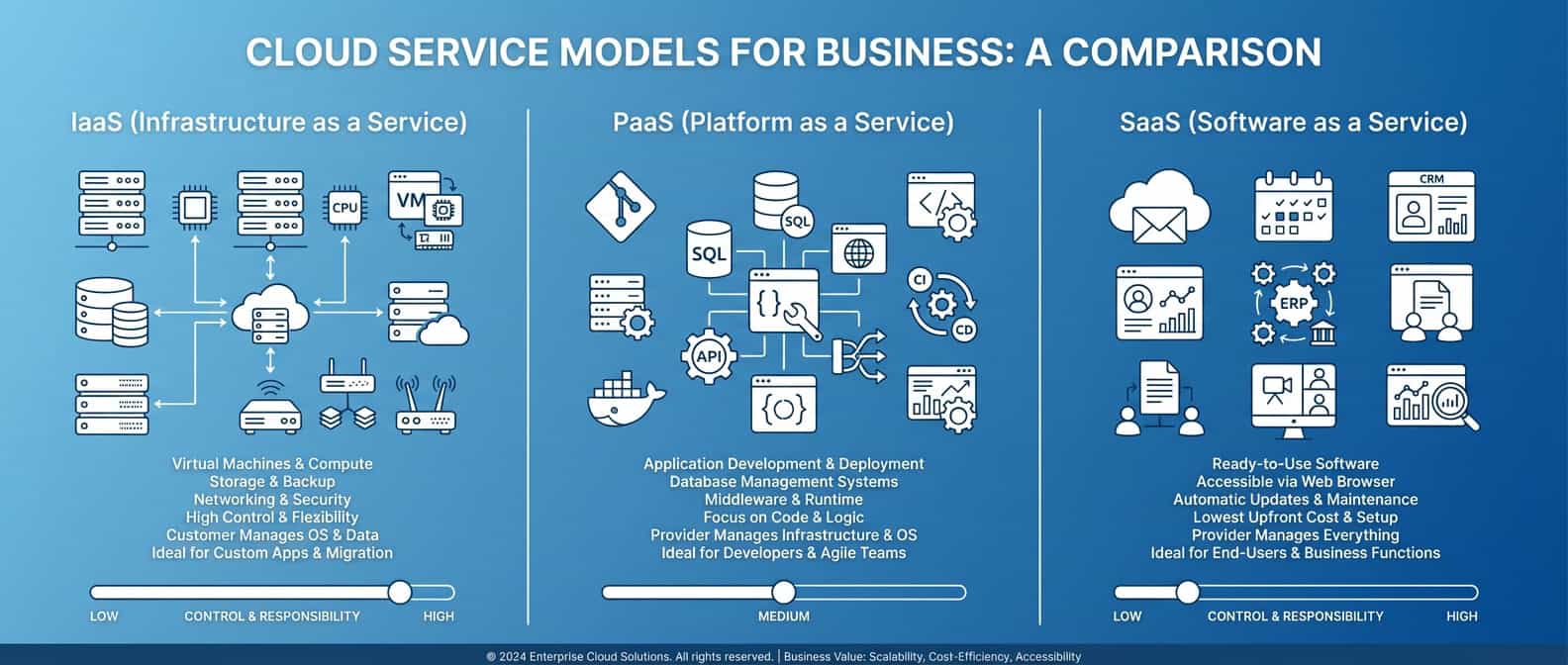 Comparison of IaaS PaaS and SaaS cloud service models for small business showing infrastructure platform and software layers