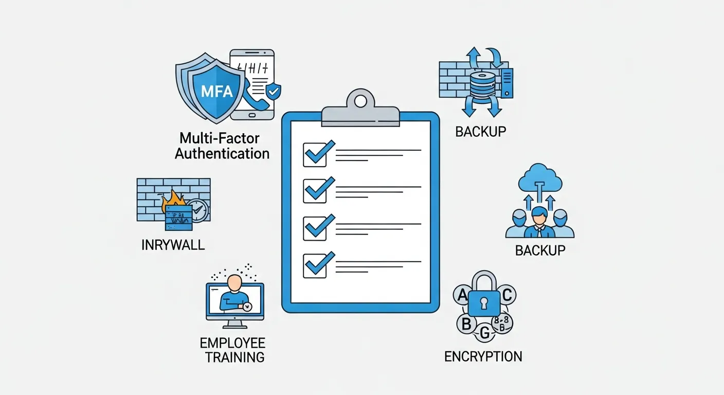 Small business cybersecurity checklist with MFA firewall backup and training icons