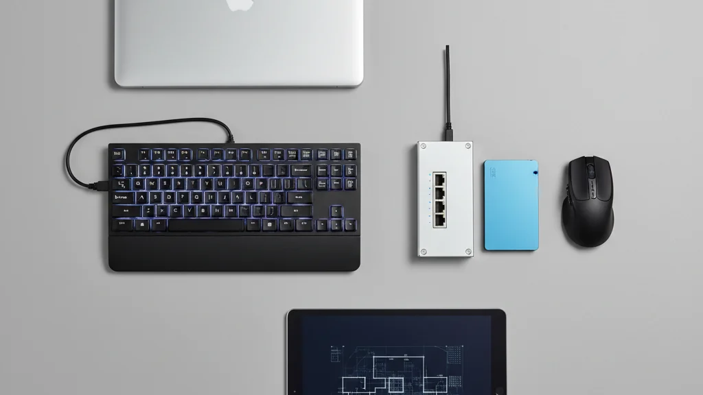 Business technology hardware flat-lay showing devices that need lifecycle replacement planning