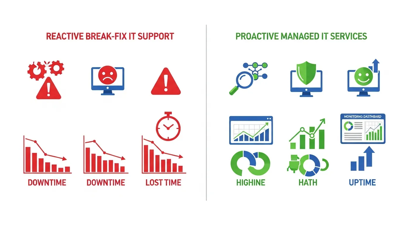 Proactive managed IT services vs break-fix support comparison for Georgetown businesses