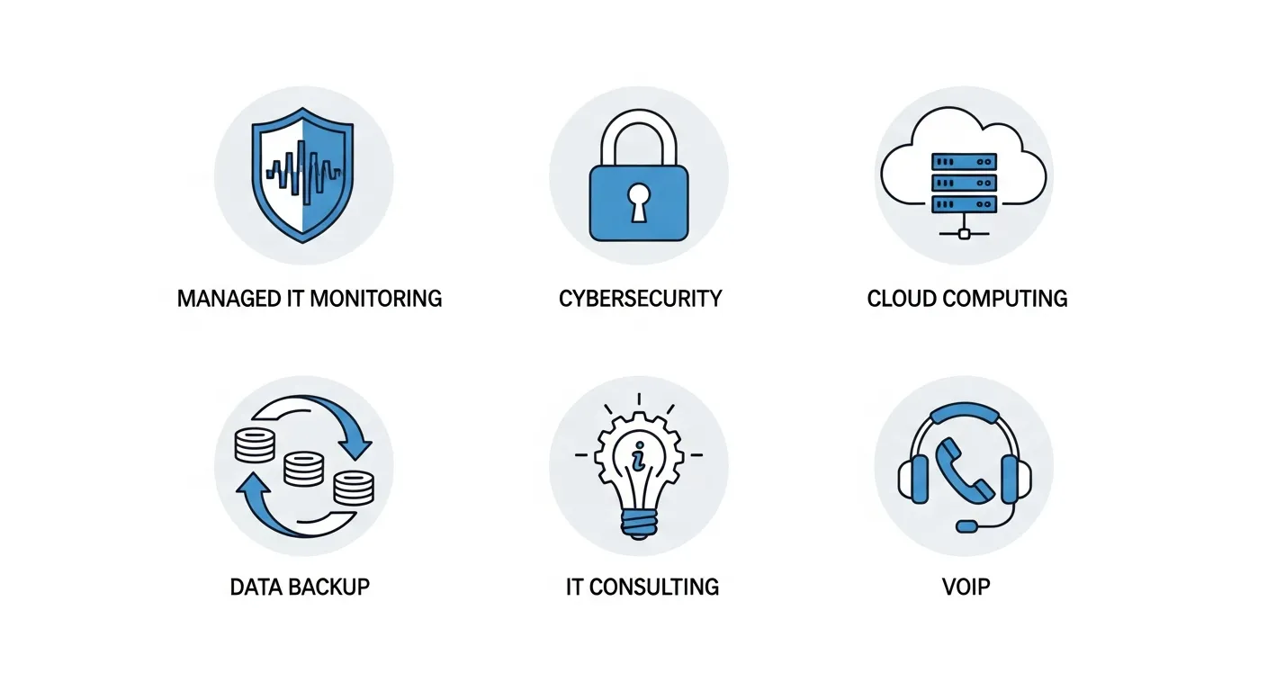 Six core IT services for Round Rock businesses including managed IT cybersecurity cloud backup consulting and VoIP