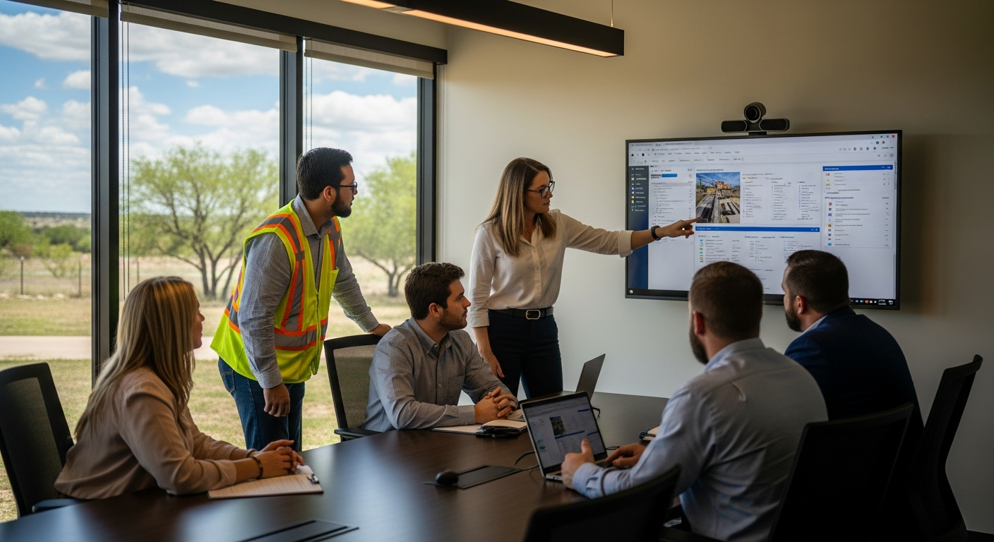 Construction team reviewing project management software in a Central Texas office meeting