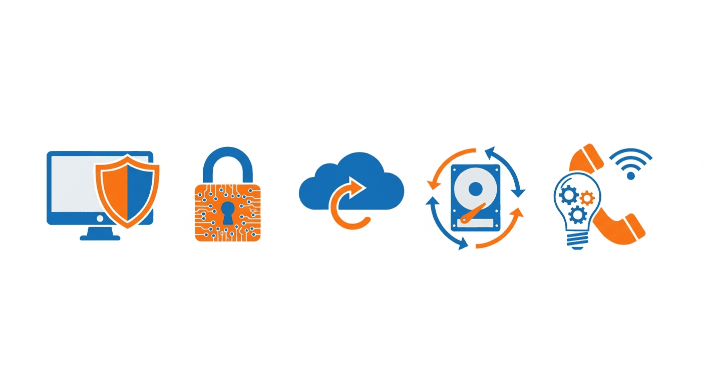 Six core IT services offered by Computek for Leander businesses including managed IT cybersecurity cloud backup consulting and VoIP