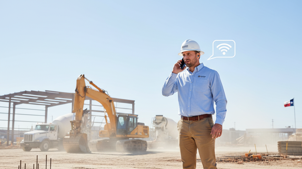 Construction professional using VoIP mobile app for business calls on a Central Texas job site